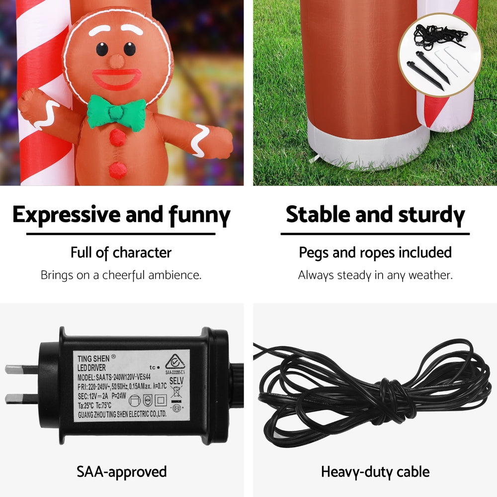 Inflatable gingerbread decoration close-up with white base and included black power cable