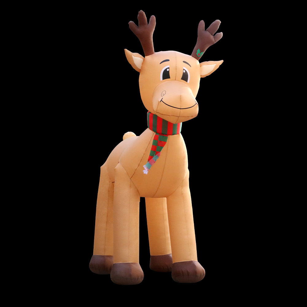 Inflatable reindeer decoration with striped scarf, standing pose, tan body and dark hooves
