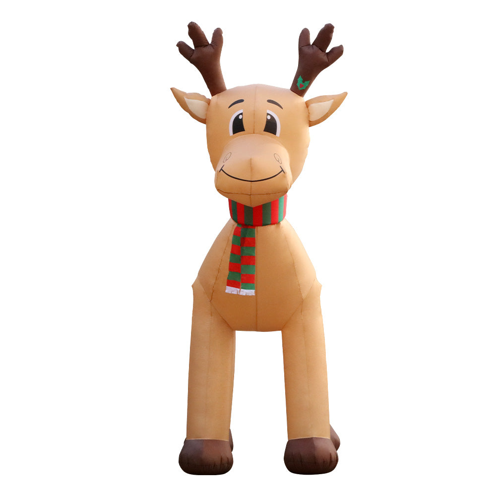 Inflatable reindeer decoration with striped scarf, front view, tan body and dark hooves