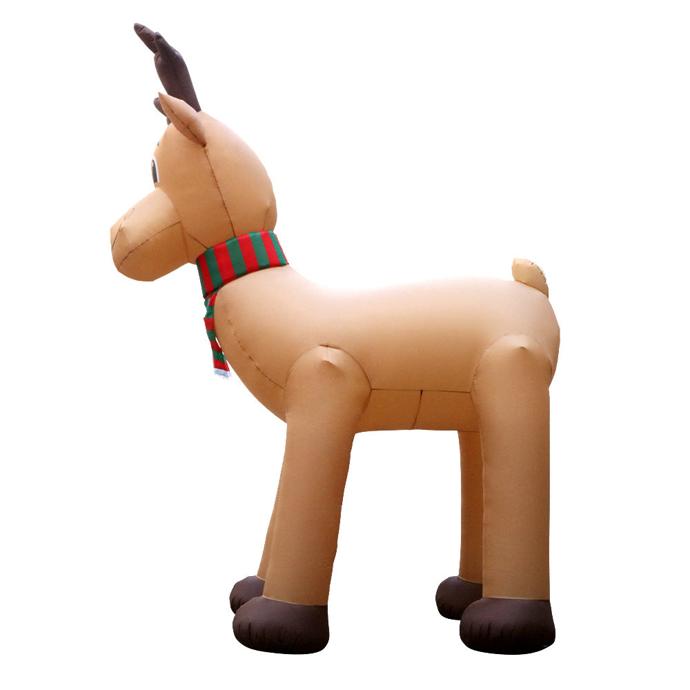 Inflatable reindeer decoration, side view with striped scarf, tan body and dark hooves