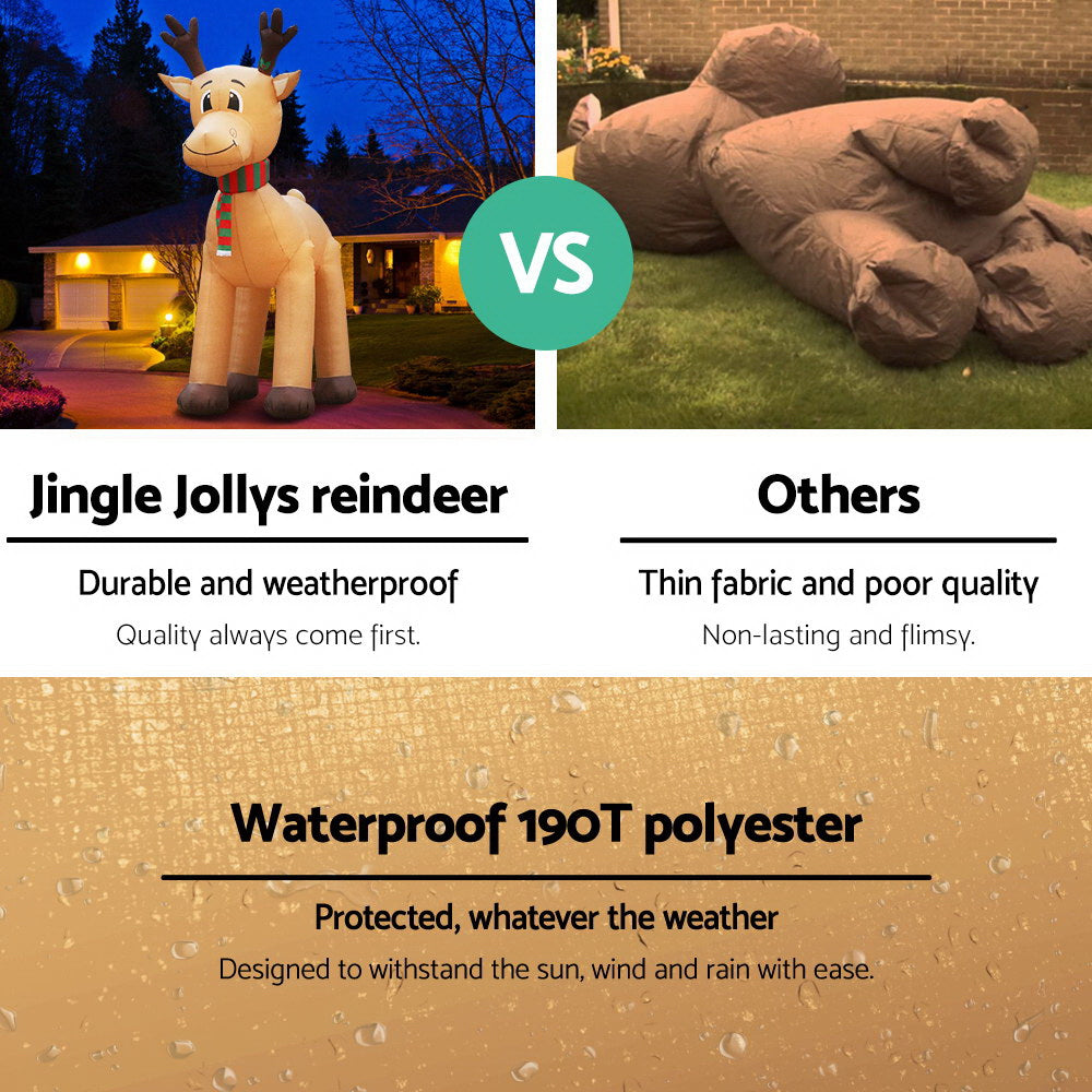Inflatable reindeer decoration standing outdoors, smiling face and striped scarf