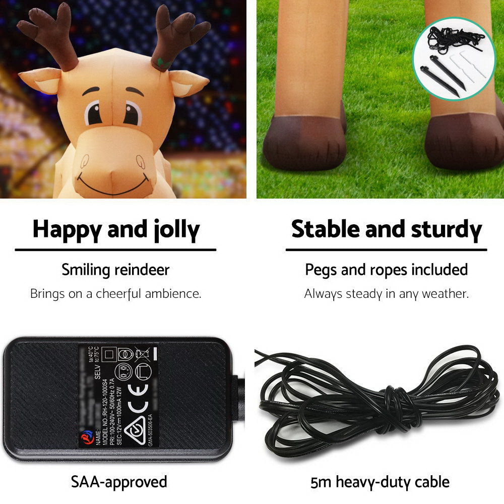 Inflatable reindeer decoration with power adapter and cable, tan feet and dark hooves