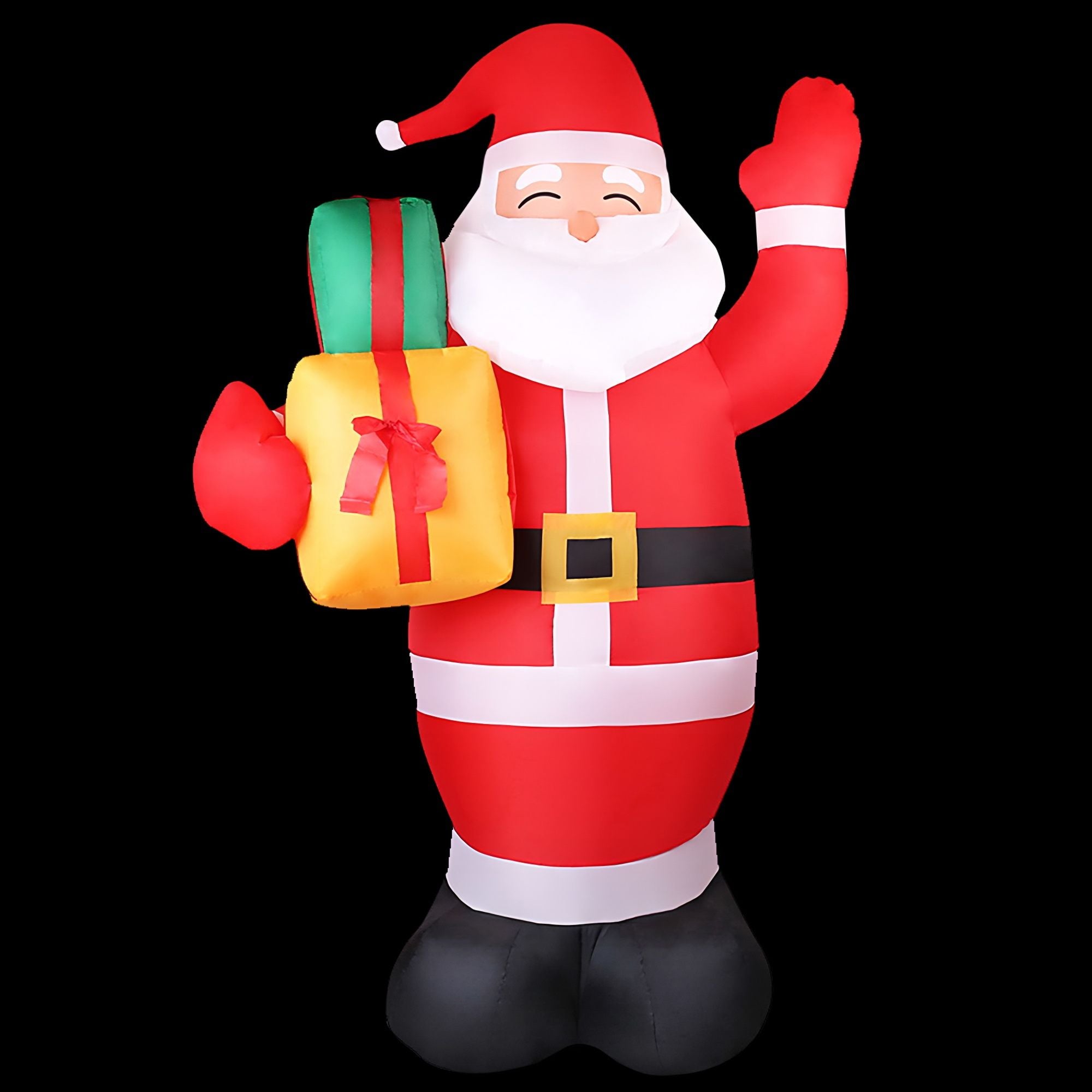 Inflatable Santa decoration in red and white stripes, holding a gift bag