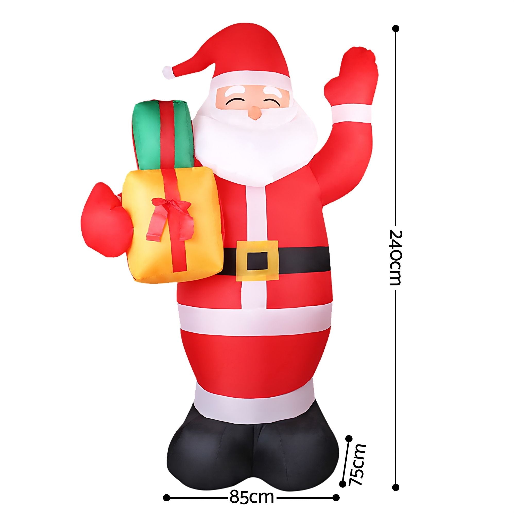 Inflatable Santa decoration with red hat, white beard, and gift bag