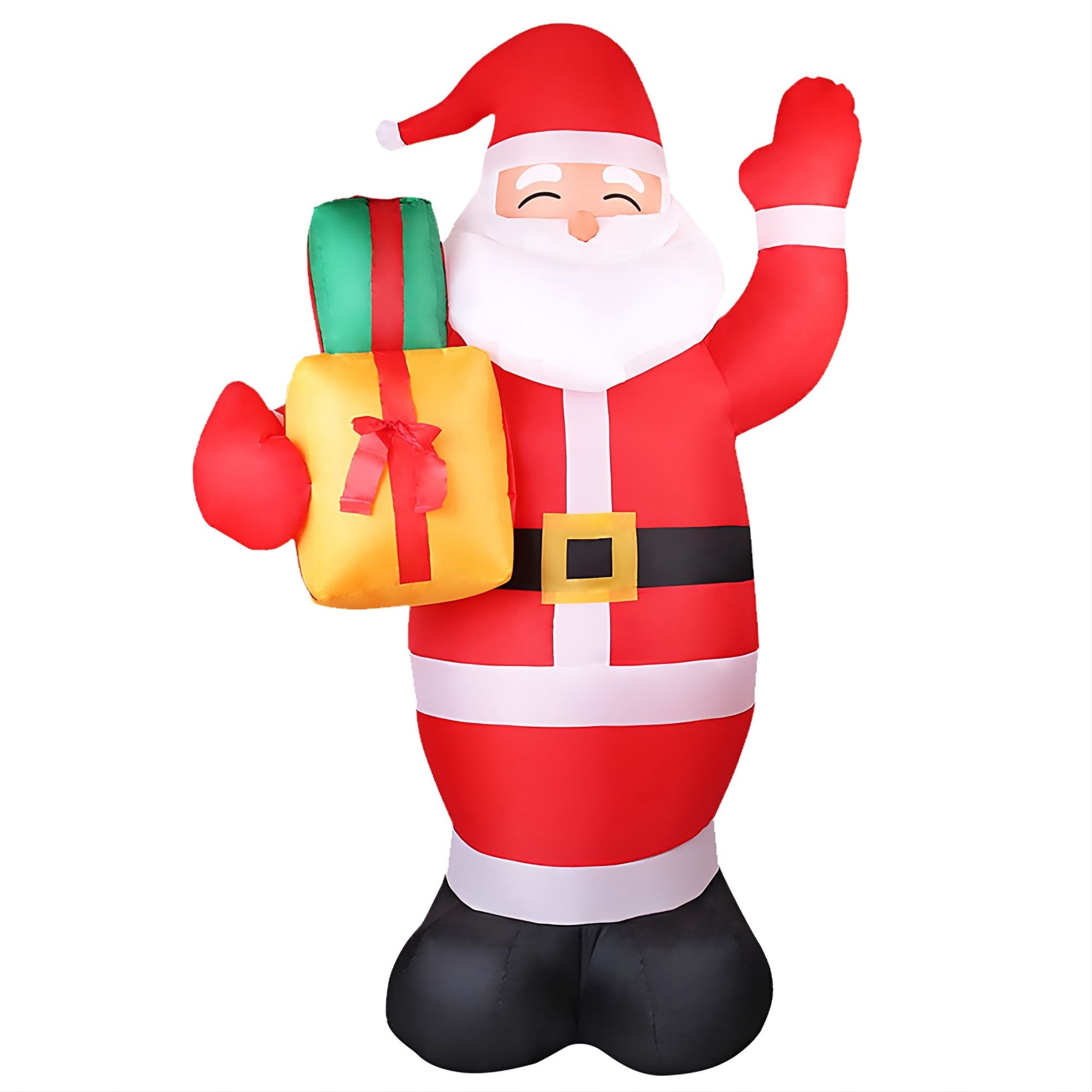 Red-and-white inflatable Santa with raised arm and gift bag
