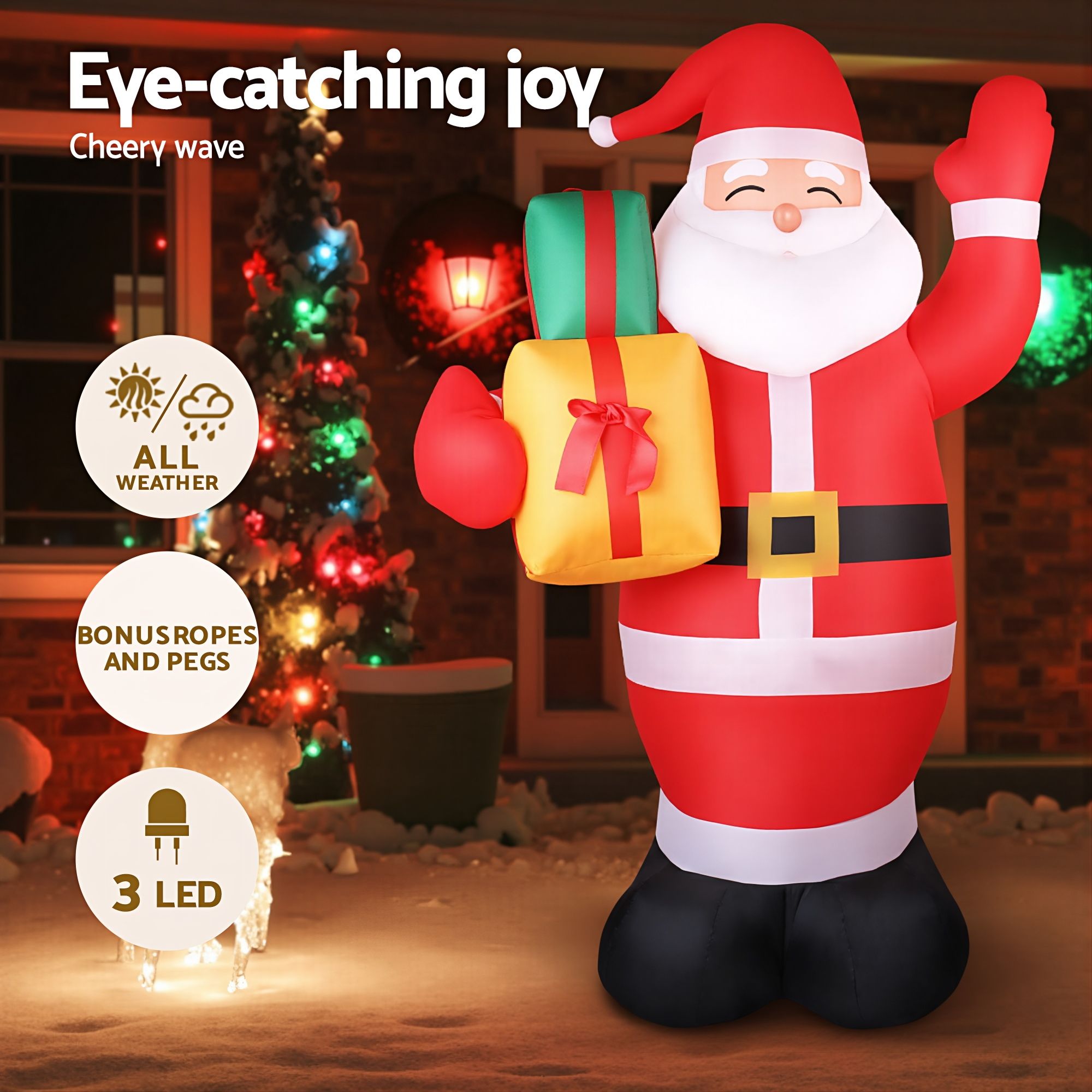 Inflatable Santa decoration with gift bag and raised right arm