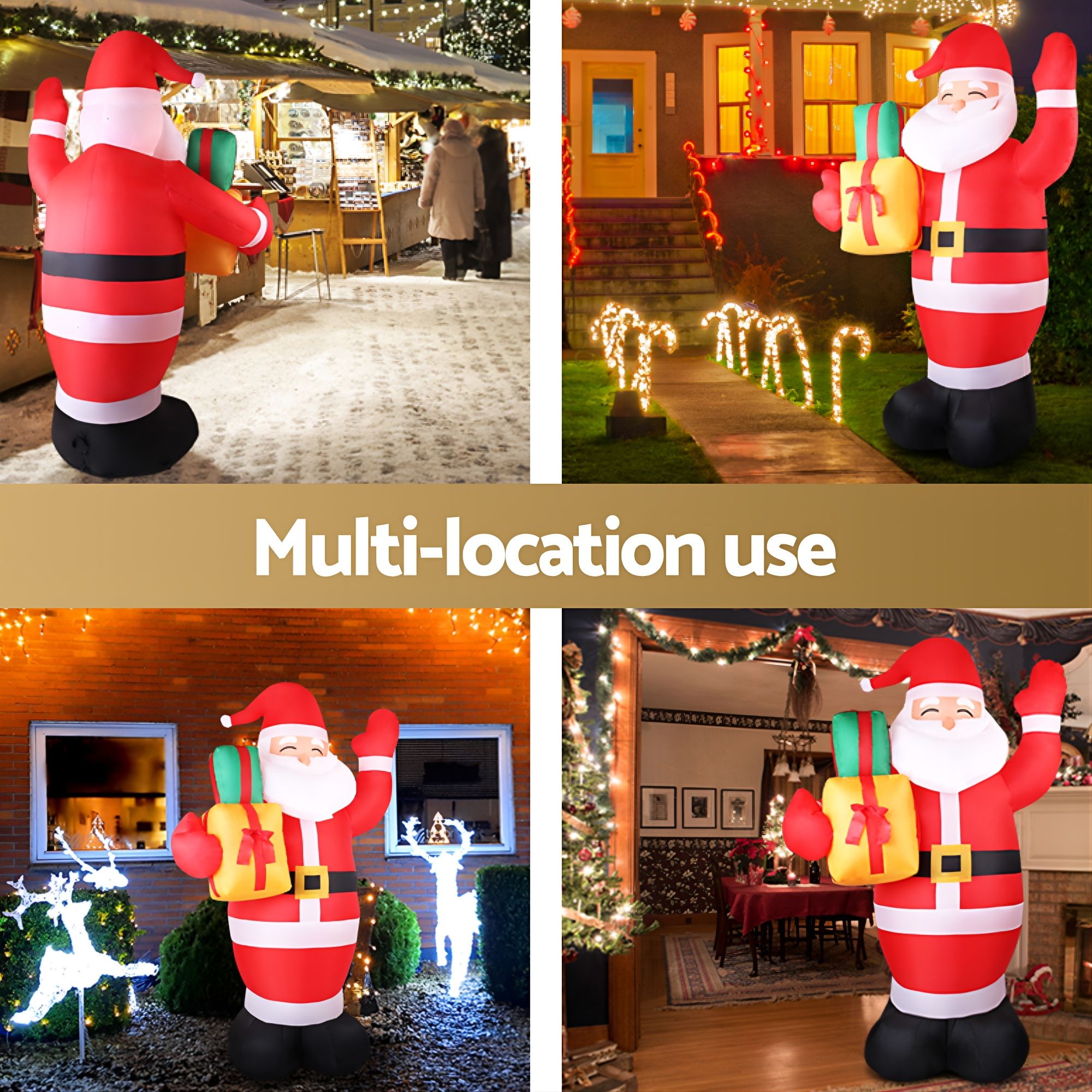 Inflatable Santa decoration shown in an outdoor yard with decorated lights