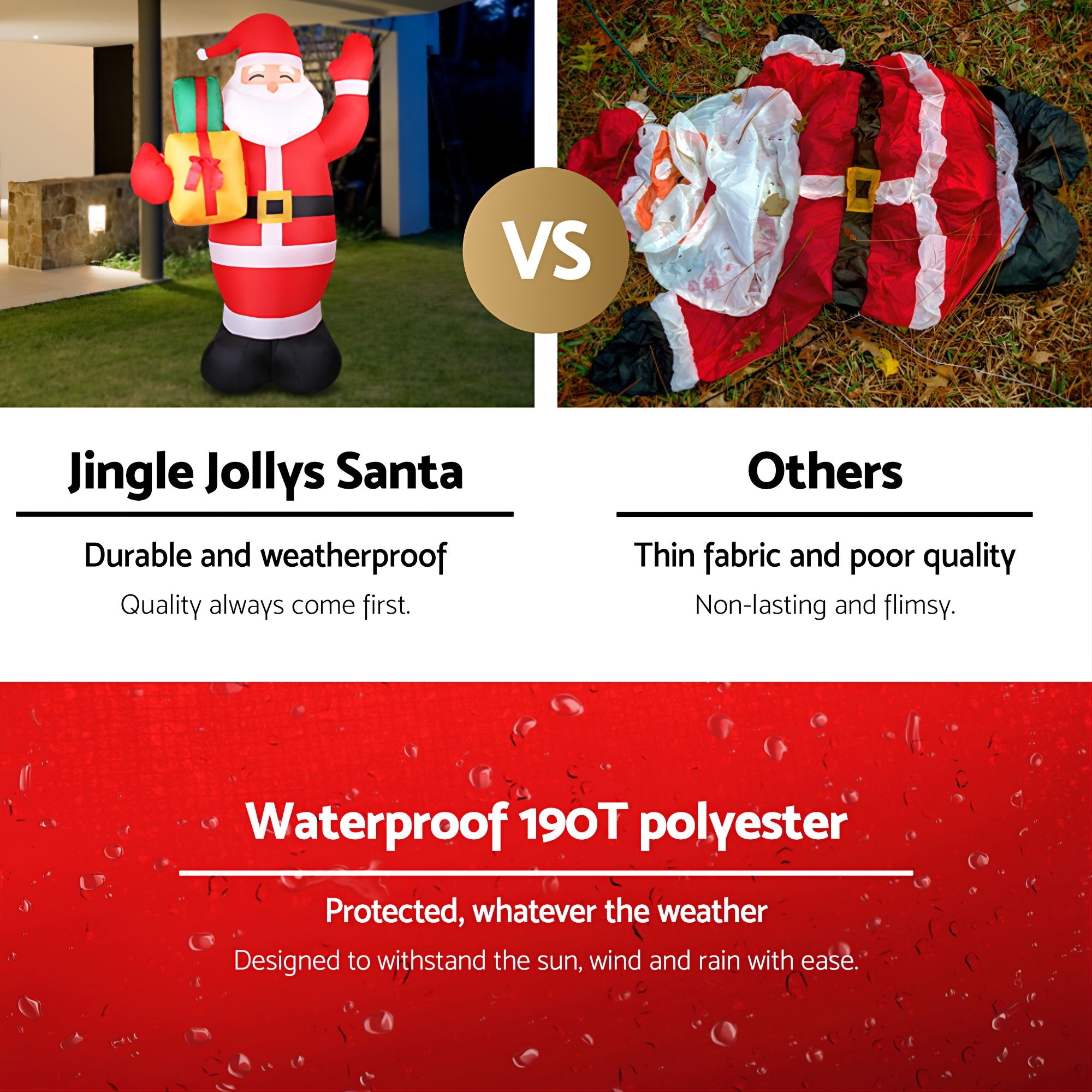 Inflatable Santa decoration with gift bag, shown alongside a deflated bundle