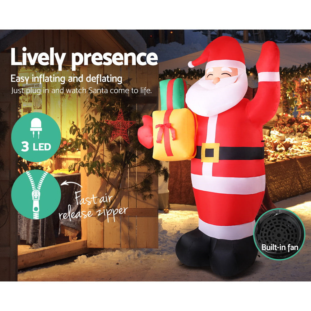 Inflatable Santa decoration with gift bag, red-and-white stripes, 3 LED lights and built-in fan
