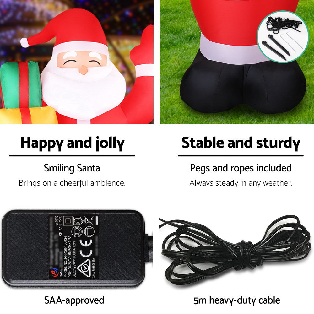 Inflatable Santa decoration with gift bag; includes power adapter and 5m heavy-duty cable