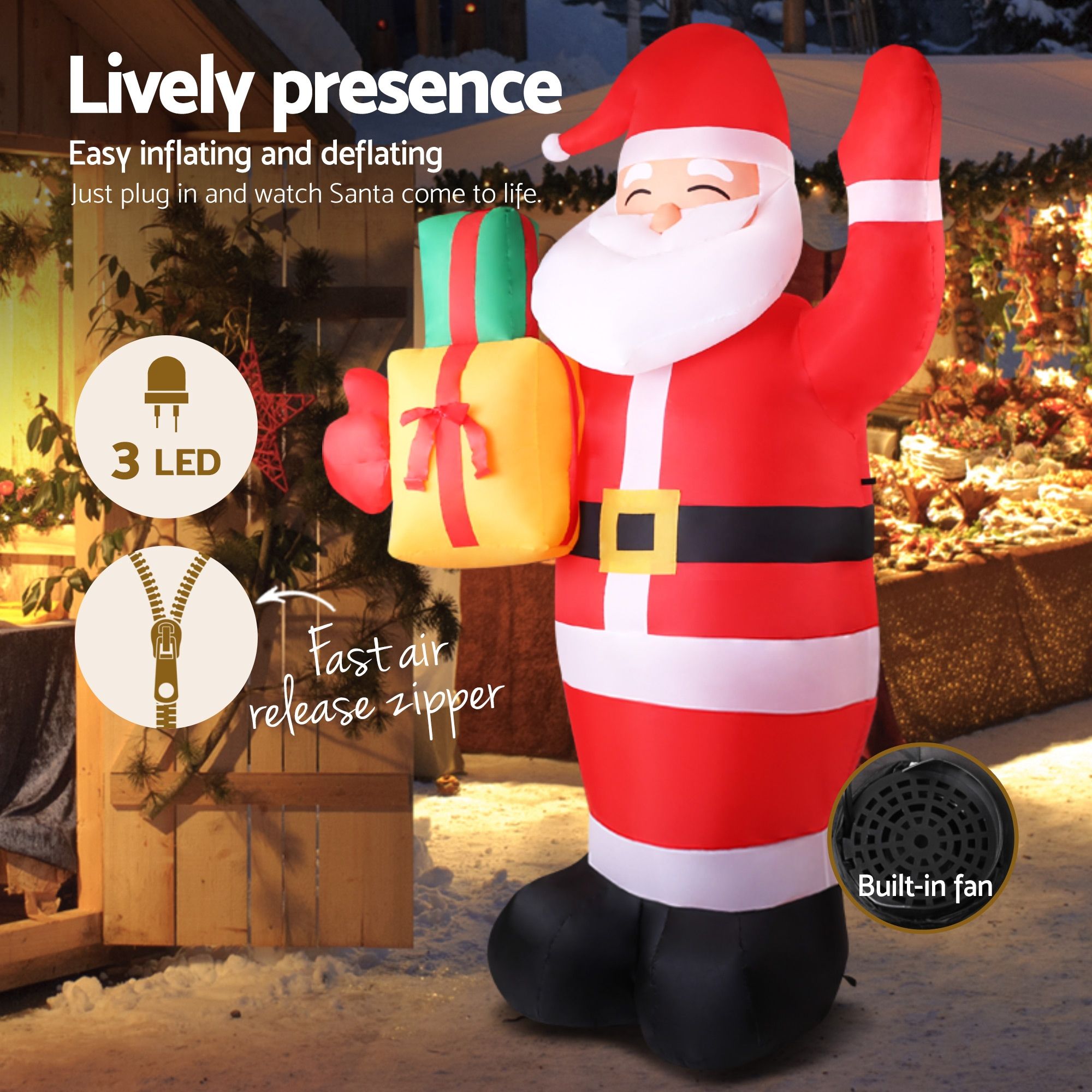 Inflatable Santa decoration with gift bag, standing on black air-filled feet
