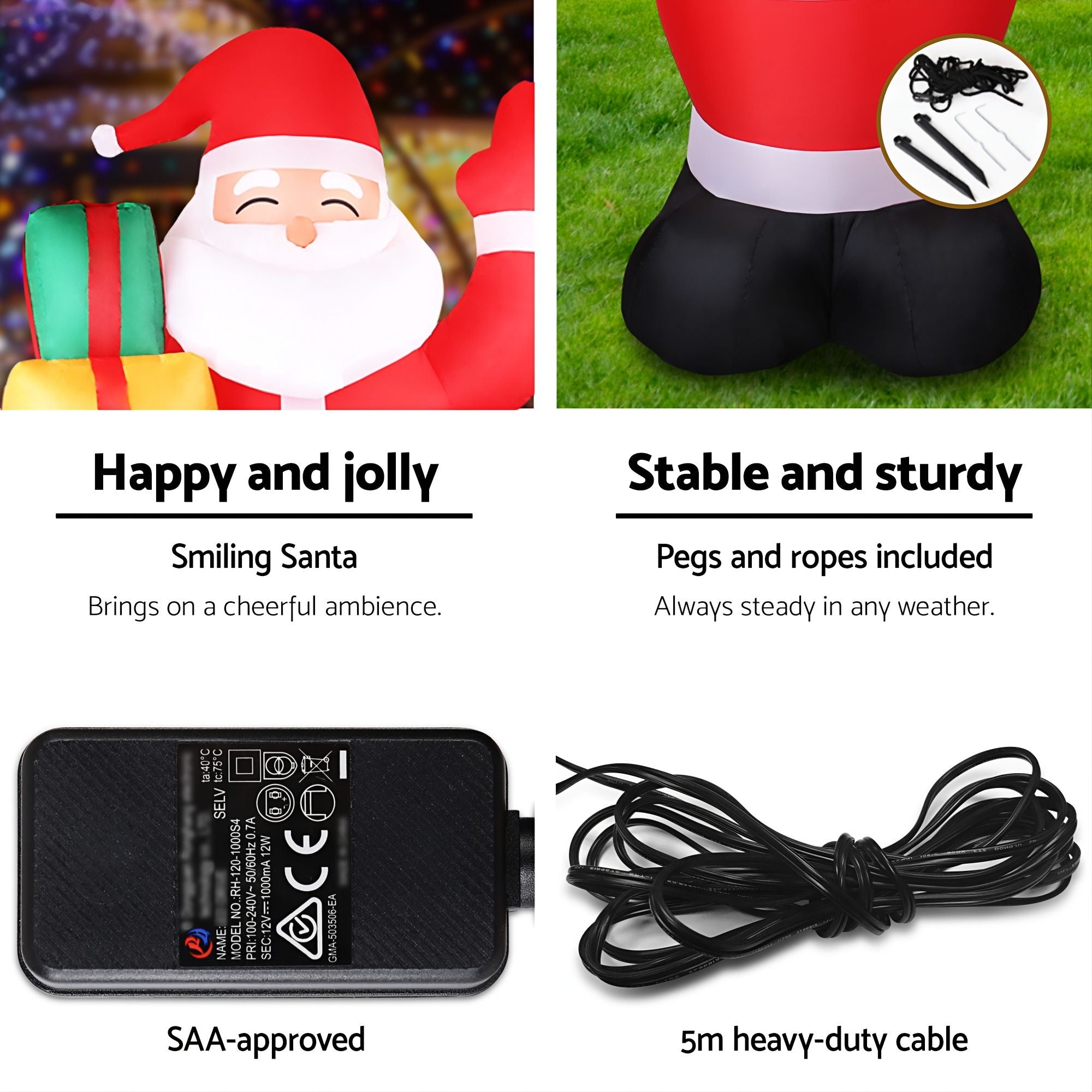 Inflatable Santa kit: pegs, ropes, power adapter, and 5m heavy-duty cable