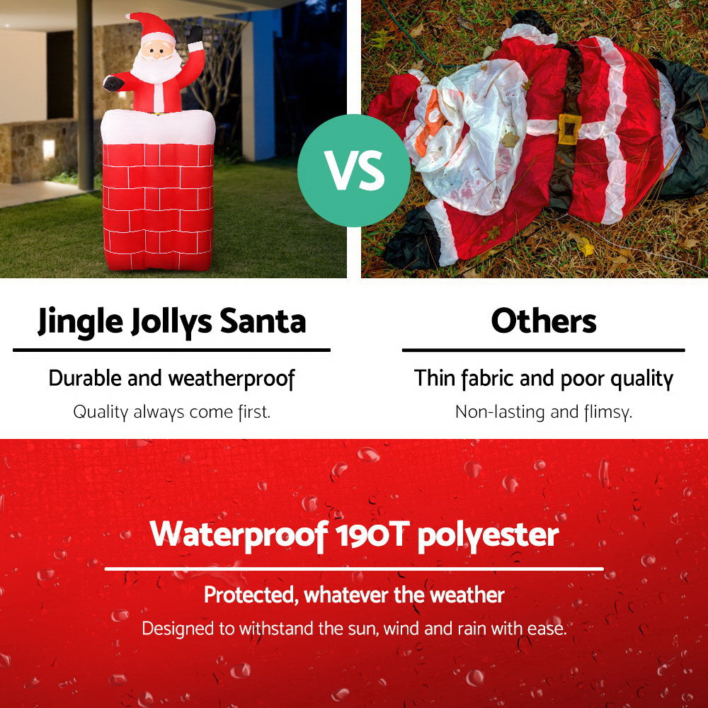 Inflatable Santa decoration with red suit and white beard, displayed beside waterproof graphic