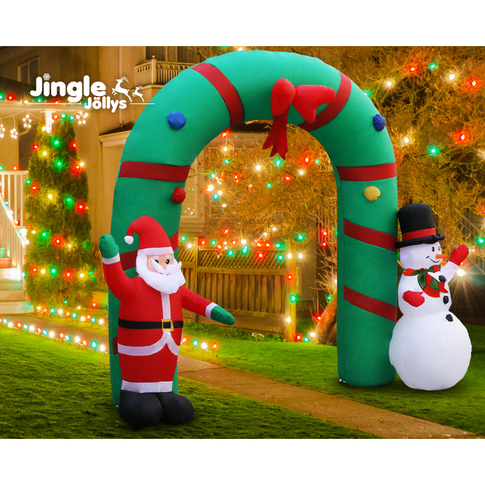 Inflatable Christmas archway with red elf and white snowman, with multicolor lights