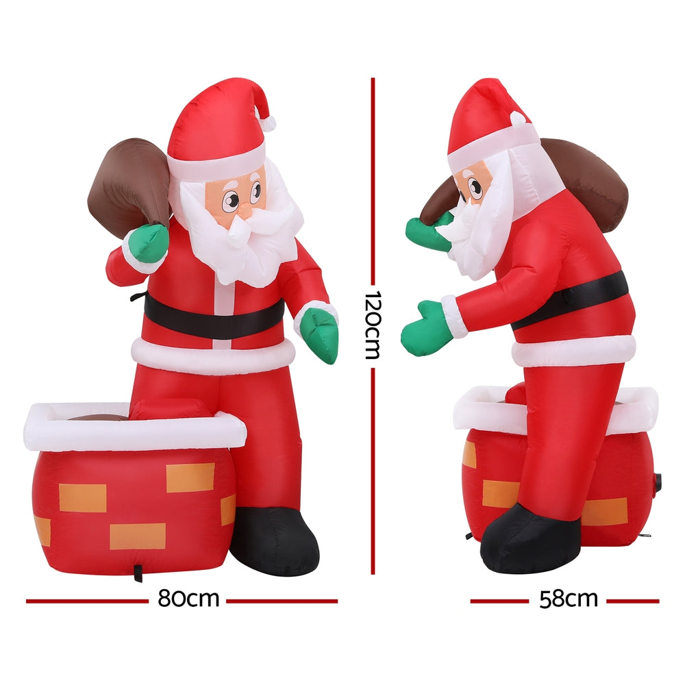 Inflatable Santa yard decoration in red suit with white beard and red gift box, two angles