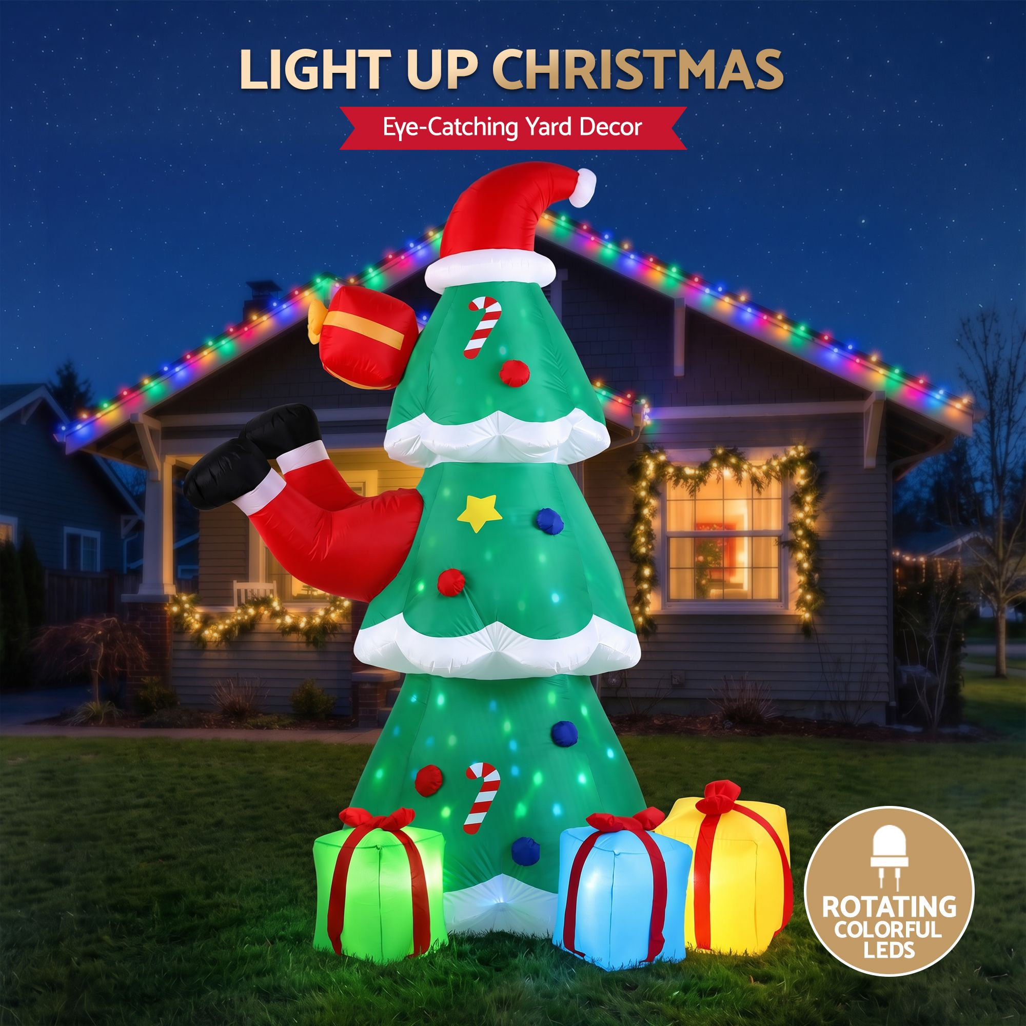 Jingle Jollys Christmas Inflatable Santa Tree 2.5M Height Flashing Light Decorations Illuminated Bedworld