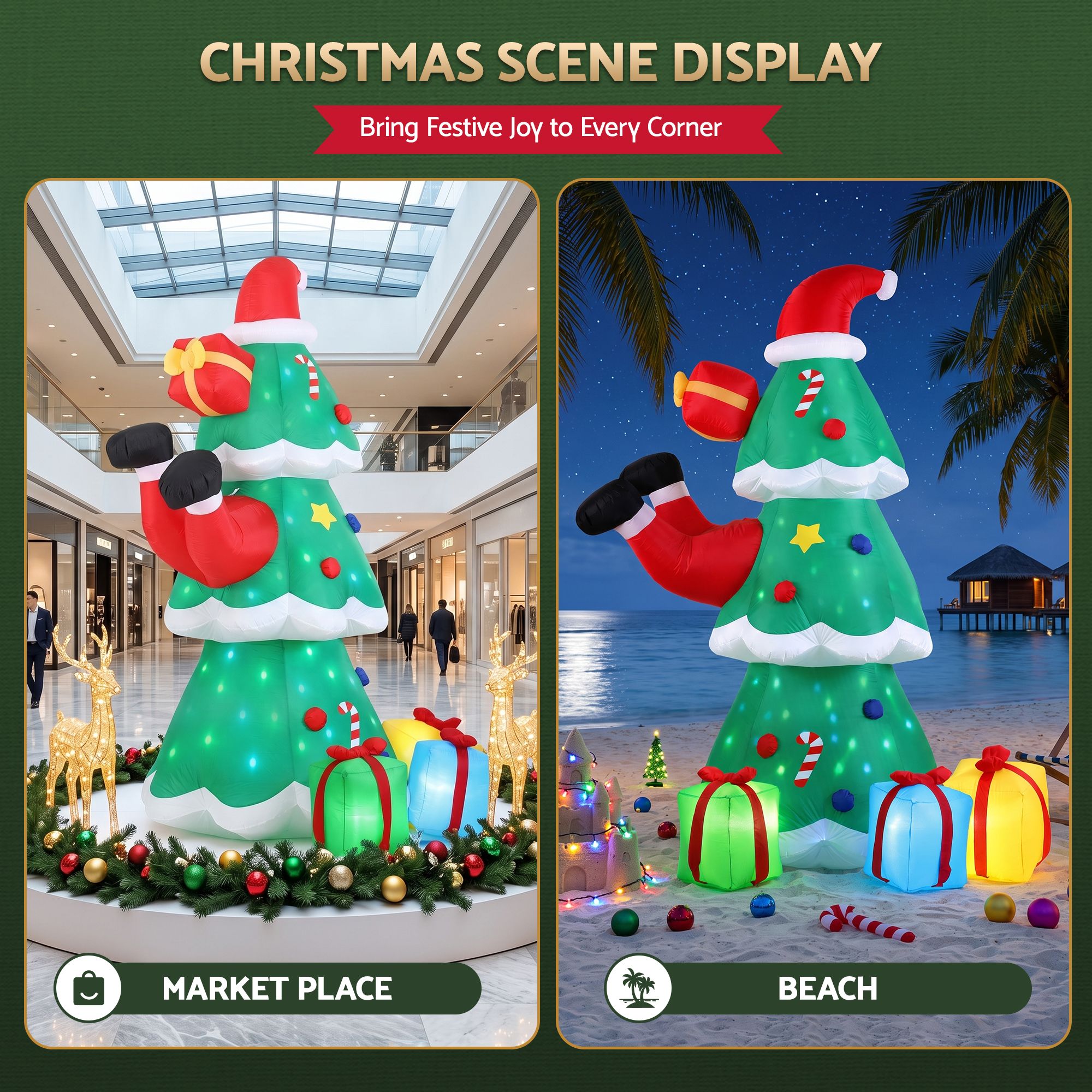 Jingle Jollys Christmas Inflatable Santa Tree 2.5M Height Flashing Light Decorations Illuminated Bedworld