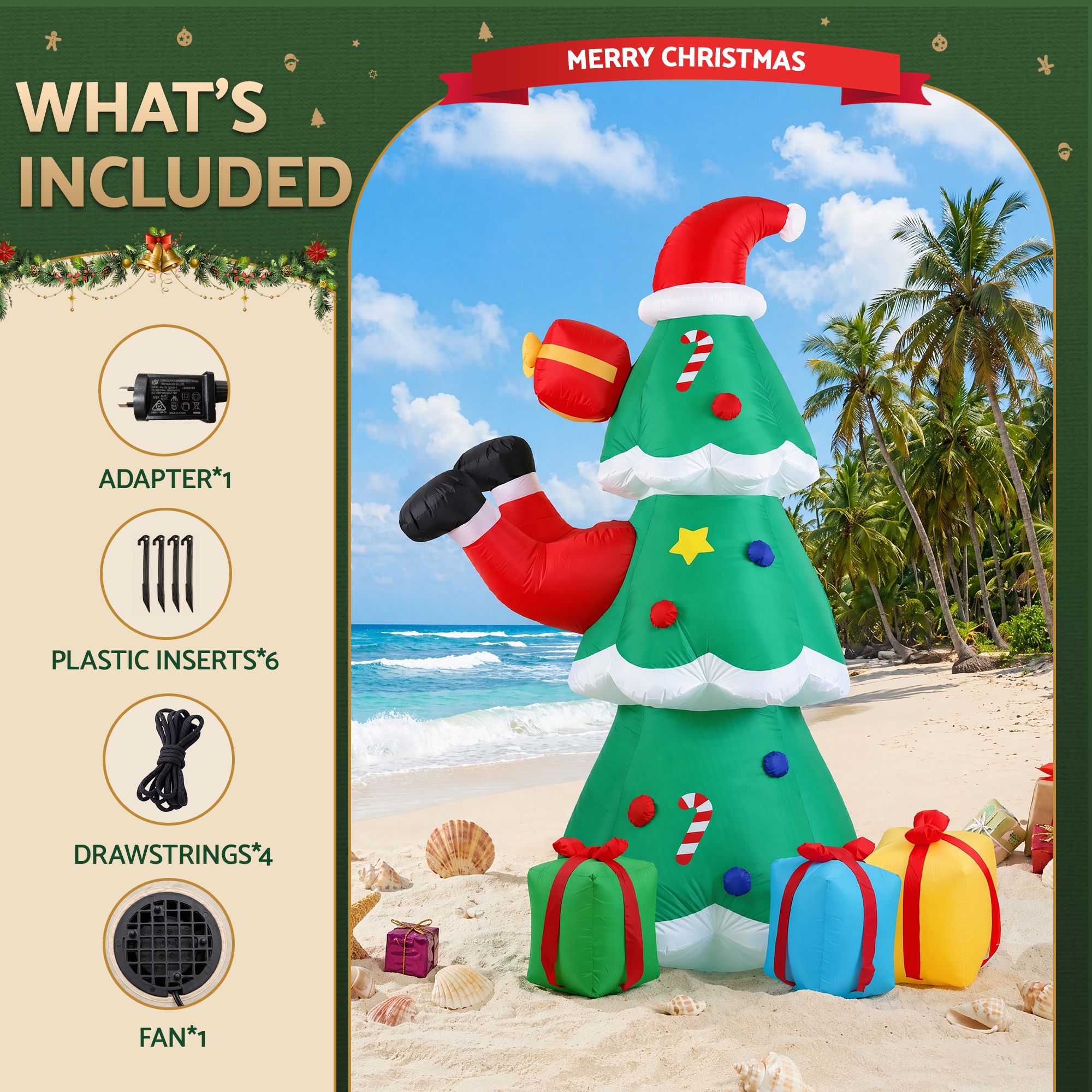 Jingle Jollys Christmas Inflatable Santa Tree 2.5M Height Flashing Light Decorations Illuminated Bedworld