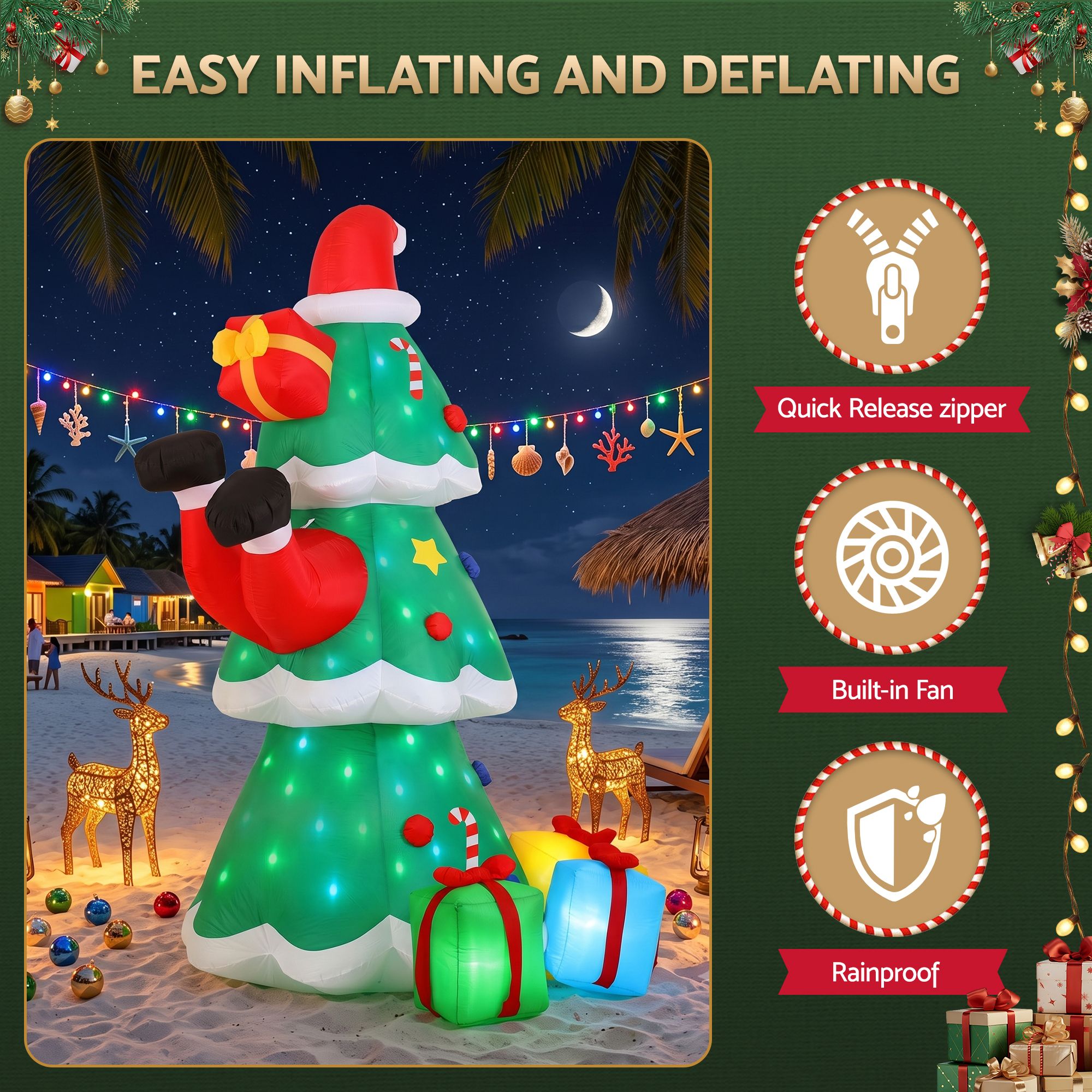 Jingle Jollys Christmas Inflatable Santa Tree 2.5M Height Flashing Light Decorations Illuminated Bedworld