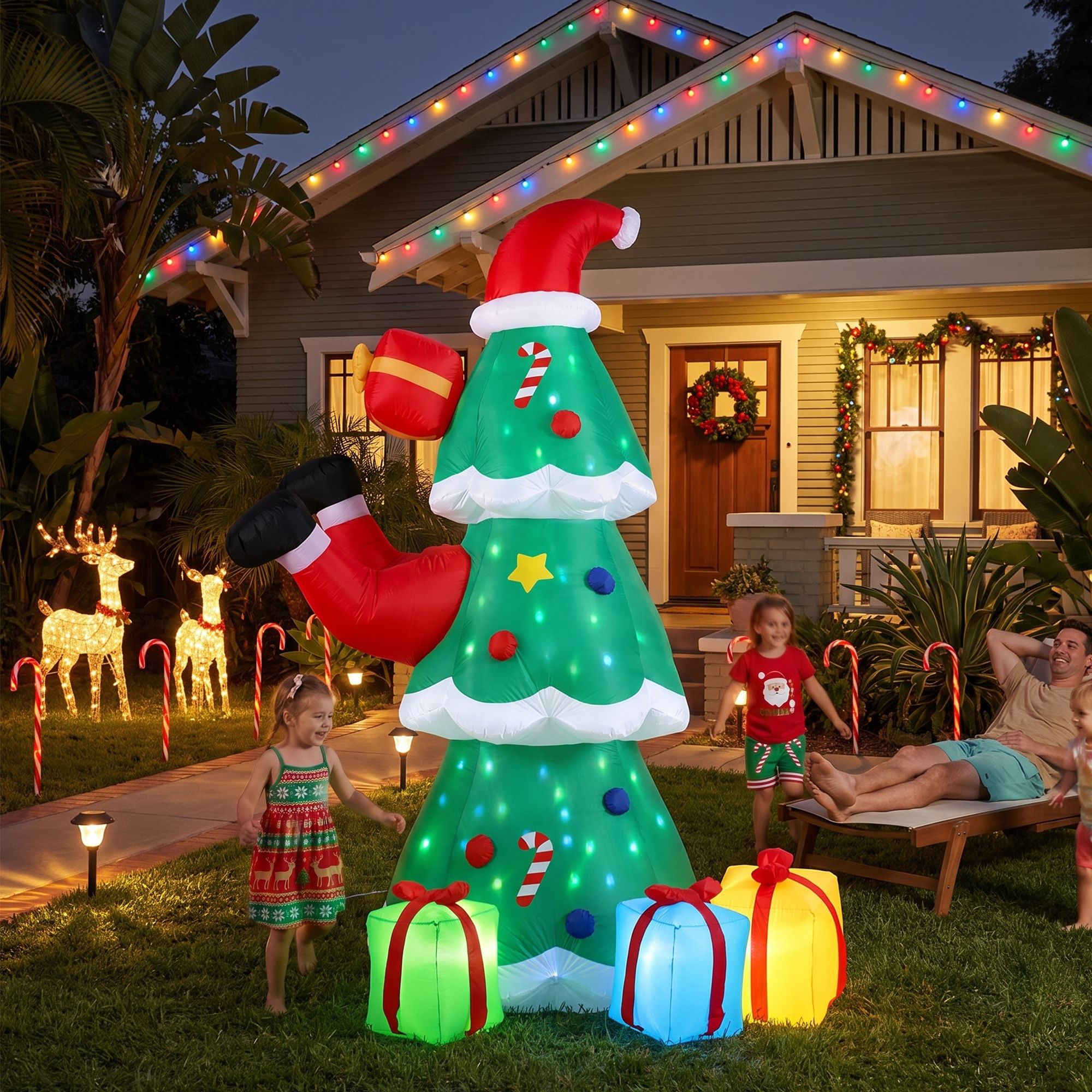 Jingle Jollys Christmas Inflatable Santa Tree 2.5M Height Flashing Light Decorations Illuminated Bedworld