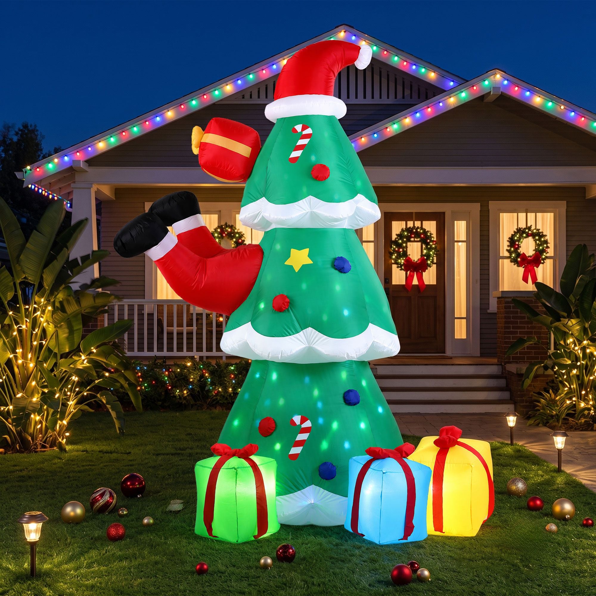 Jingle Jollys Christmas Inflatable Santa Tree 2.5M Height Flashing Light Decorations Illuminated Bedworld