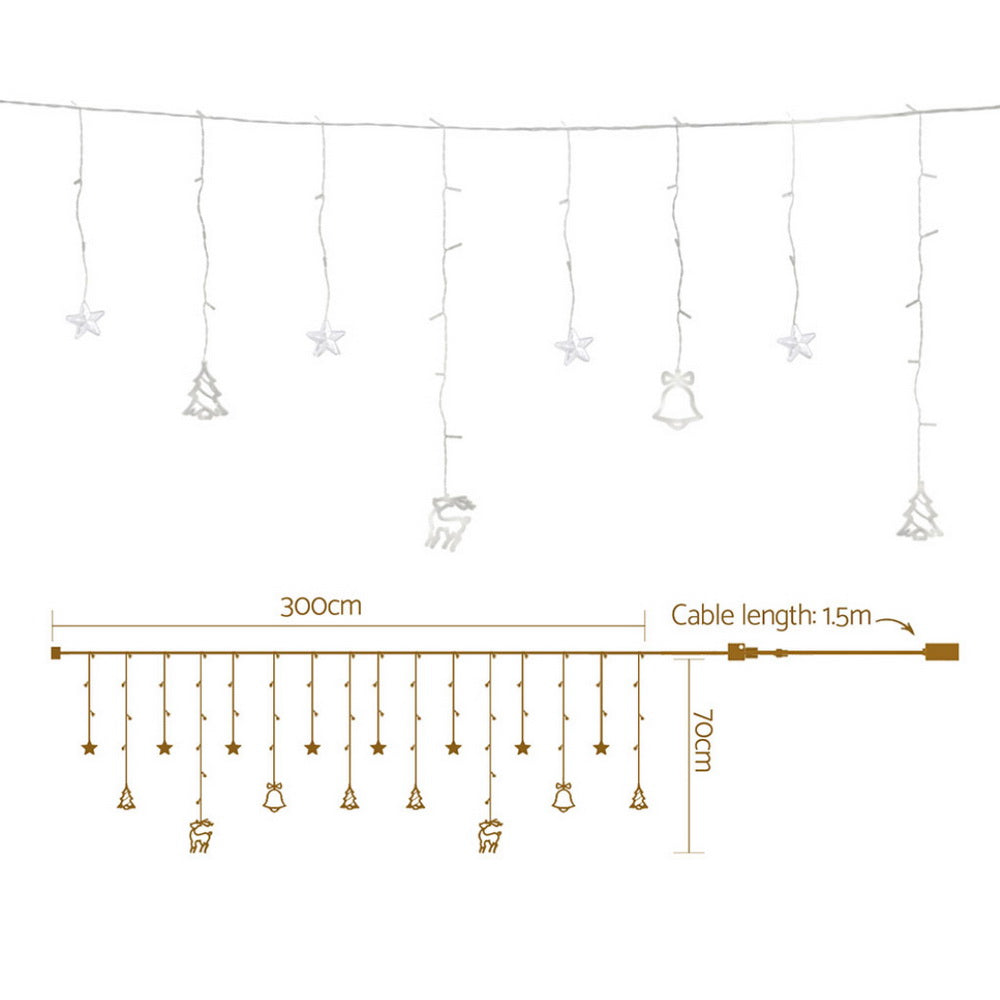 Icicle string lights with hanging star, bell, tree and reindeer charms