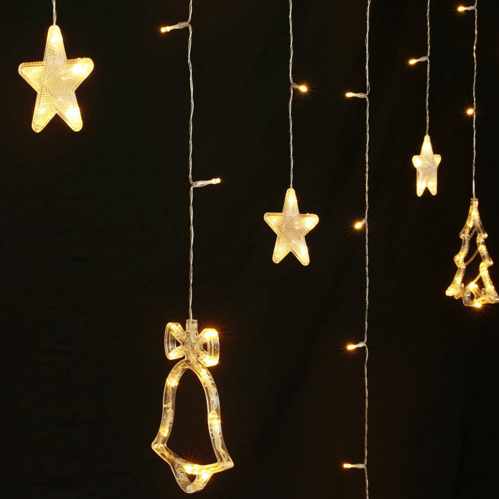 Warm white LED icicle lights with star, angel, bell and reindeer motifs