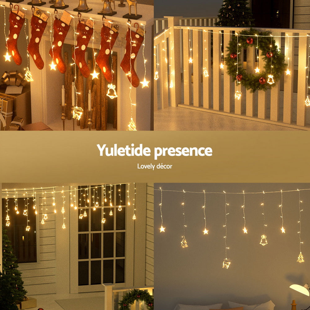 Icicle string lights with warm bulbs and hanging star, tree, and reindeer charms