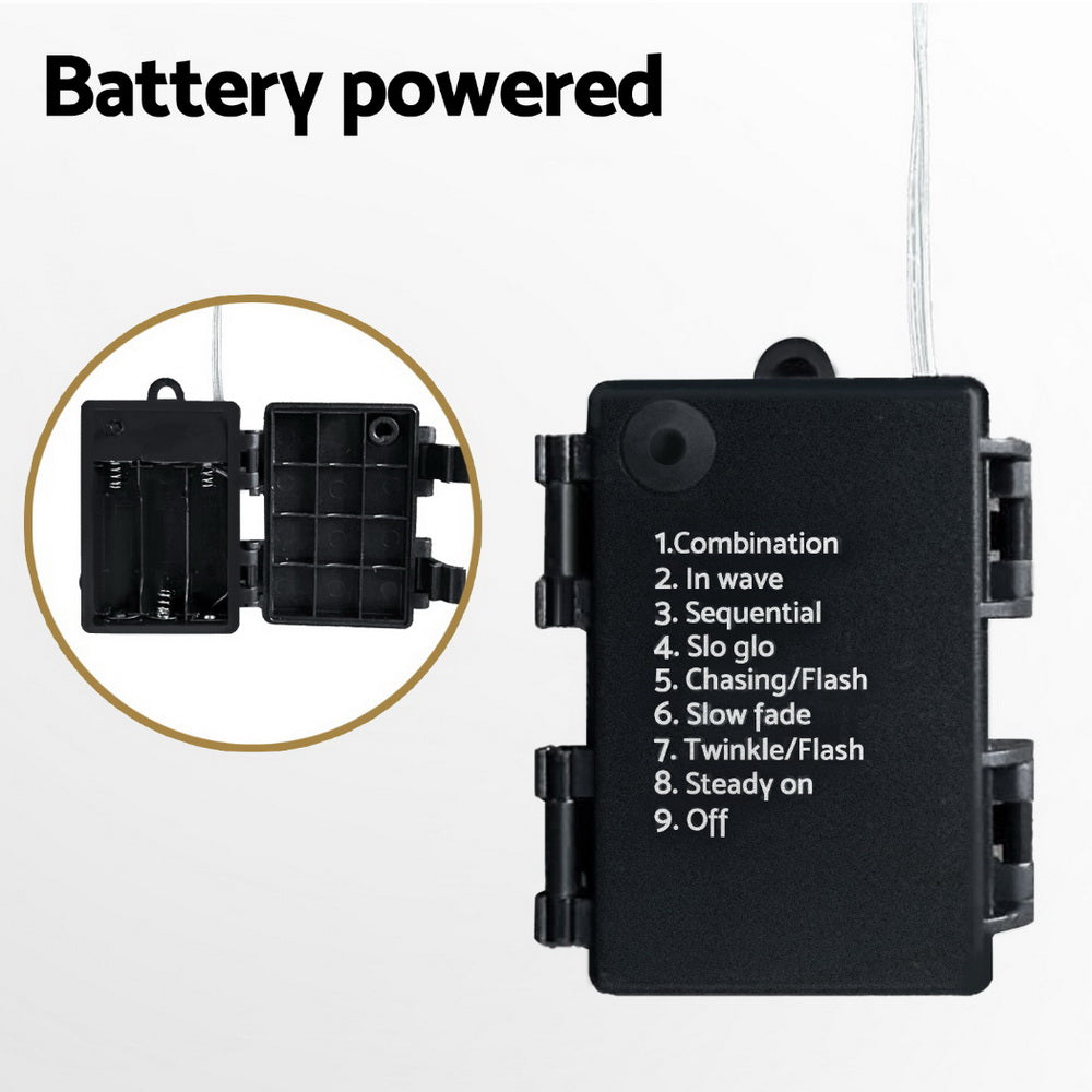 Battery powered LED controller box with attached power cables for icicle lights
