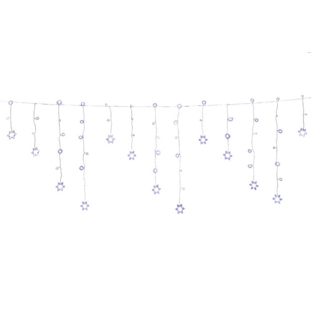 Icicle string lights with hanging snowflake star LEDs, cool white glow