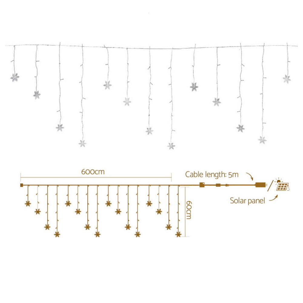 Solar icicle string lights with hanging snowflake star LEDs and multiple strands