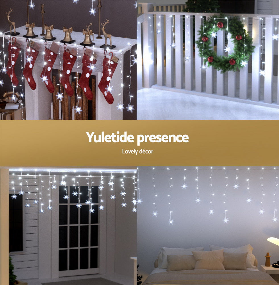 Icicle LED lights with glowing snowflake star decorations for holiday indoor/outdoor use