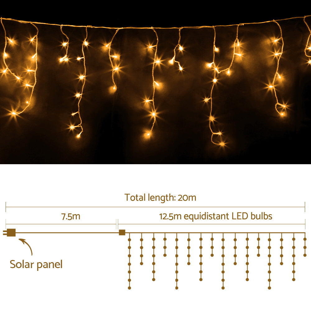 Icicle string light length diagram: 20m total with solar panel and evenly spaced LEDs