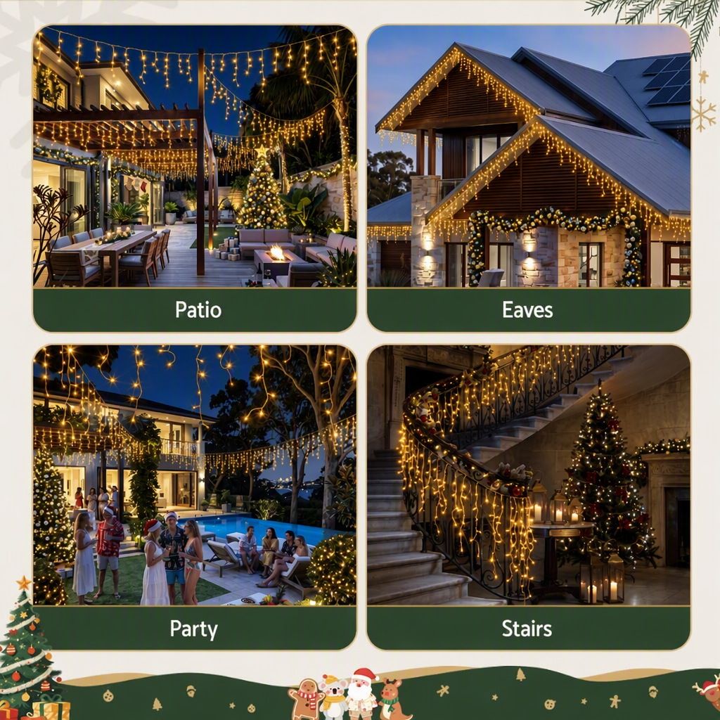 Jingle Jollys 12.5M Solar Christmas Lights Icicle String Light Warm White Bedworld