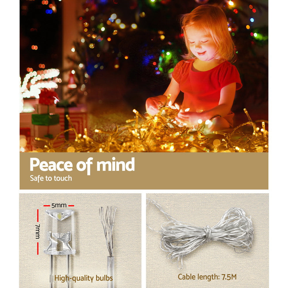 Warm white solar icicle string lights with safe-to-touch bulbs and child nearby