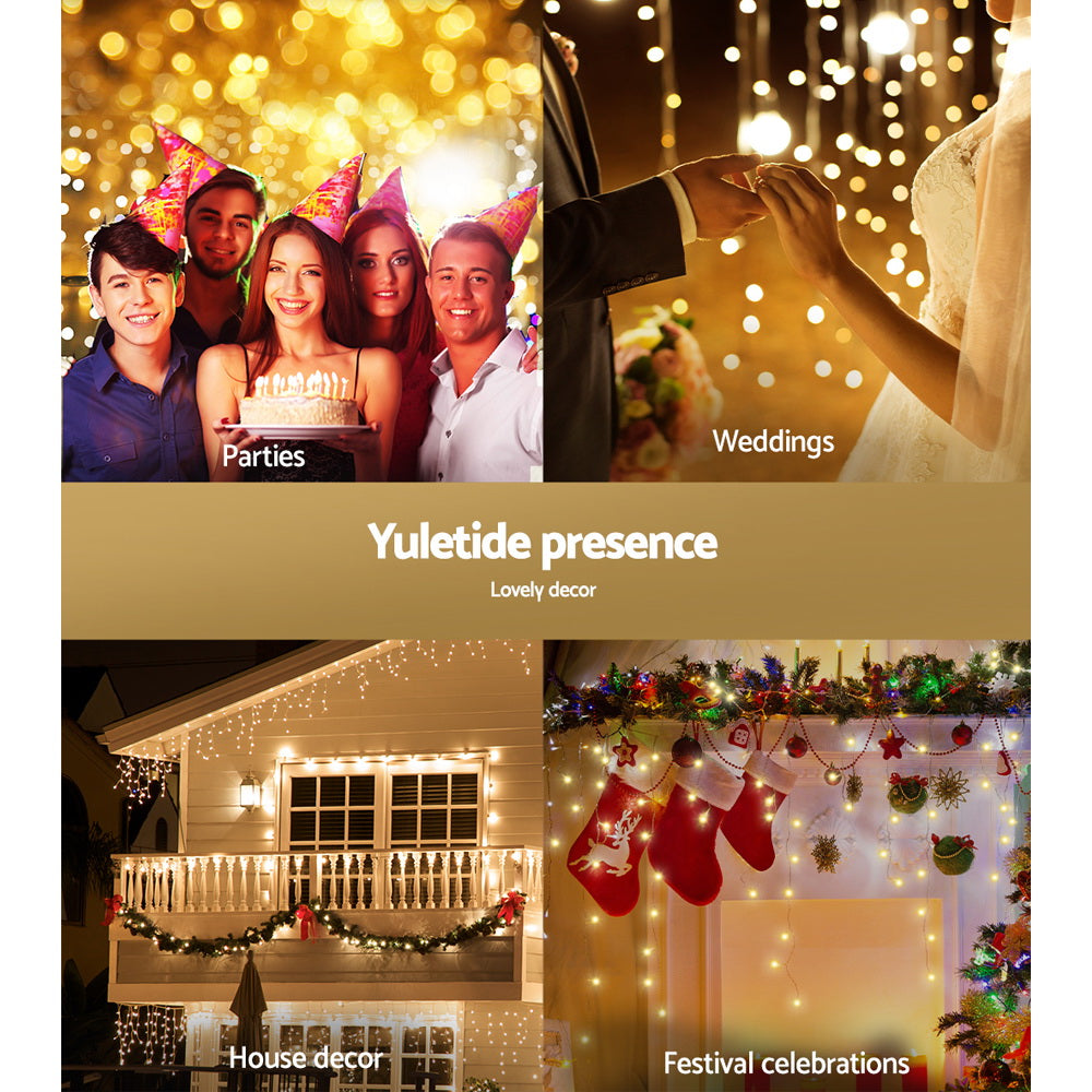Warm white solar icicle string lights shown for festive indoor and outdoor décor