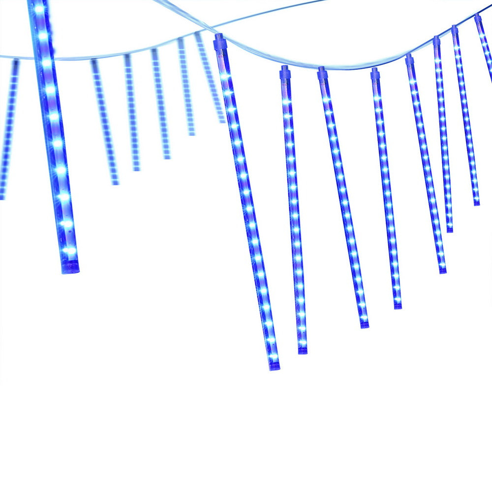 Blue LED icicle string lights with hanging drops on a flexible cable