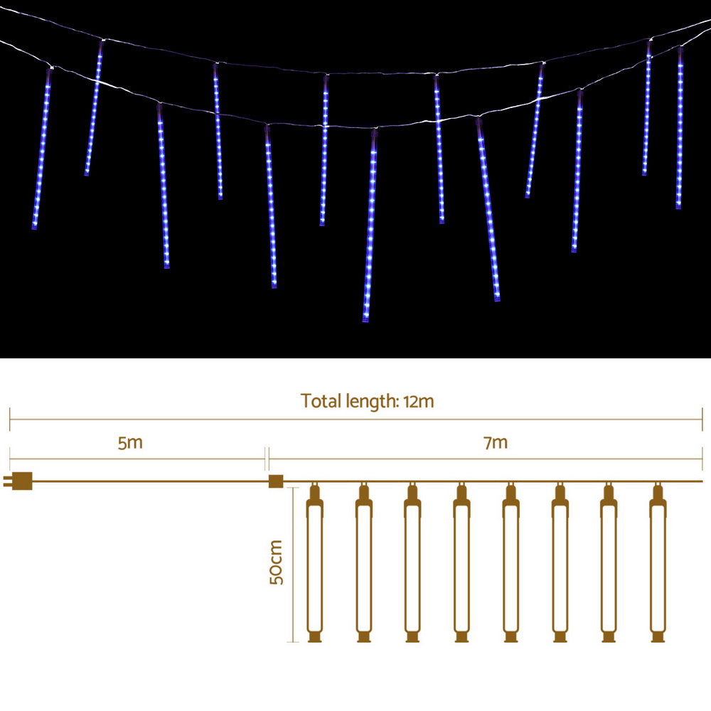 Blue LED icicle string lights with hanging drops; 7m total length shown