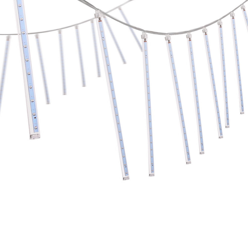 Blue LED icicle string lights with long hanging strips on a curved wire