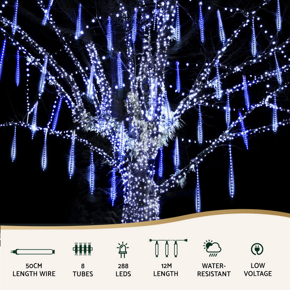 Blue LED icicle string lights with dense hanging drops and glowing points