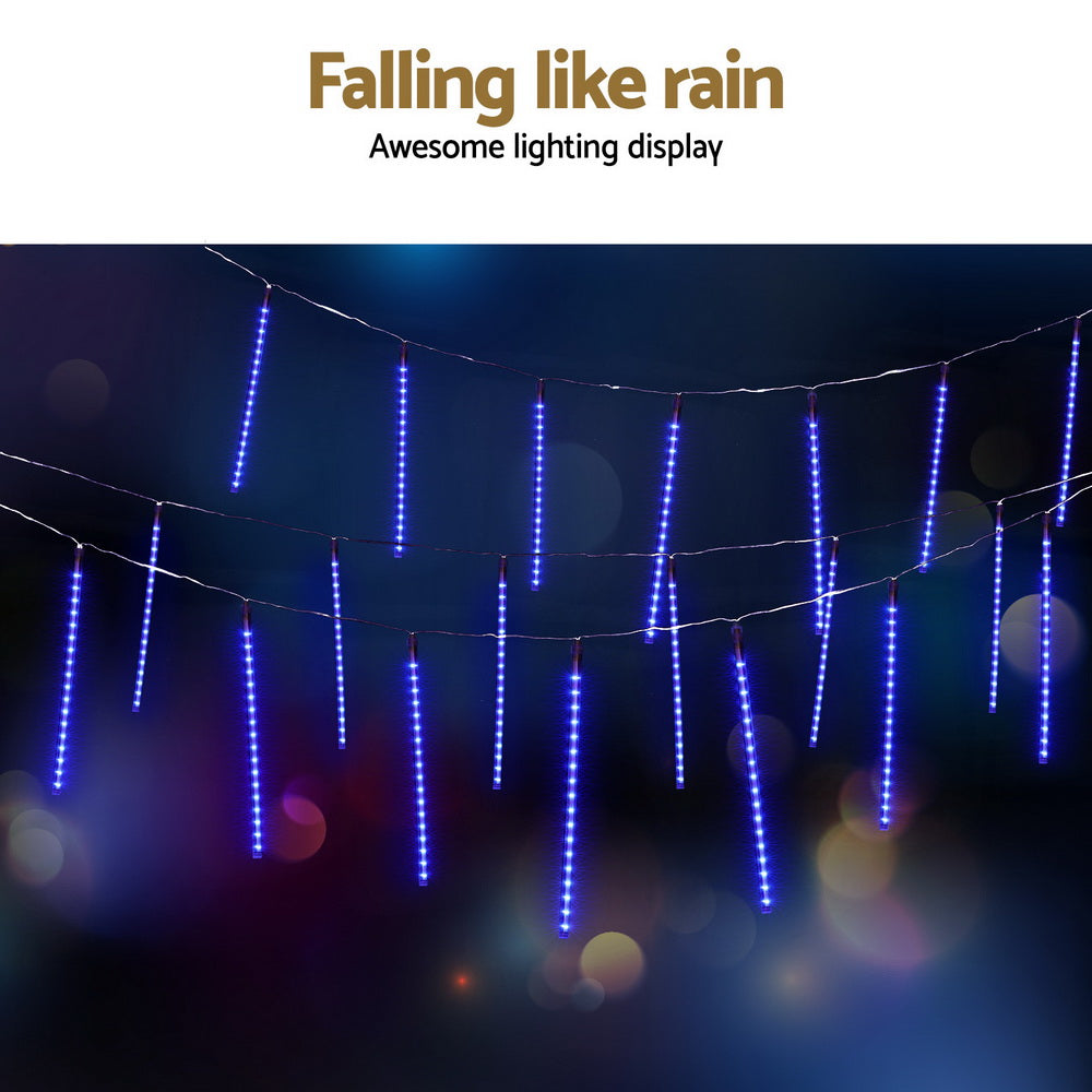 Blue LED icicle string lights with evenly spaced vertical falling drops