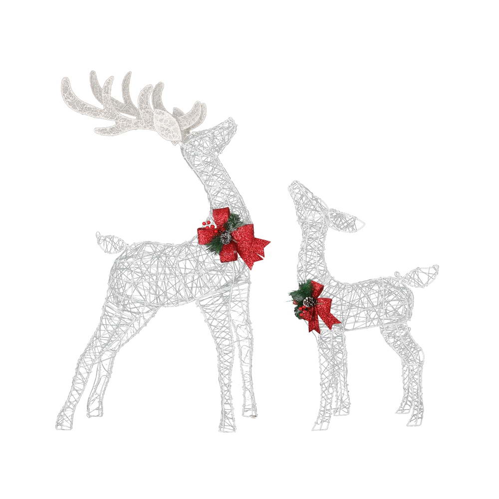 Wire reindeer light decorations with red bow accents, large and small reindeer
