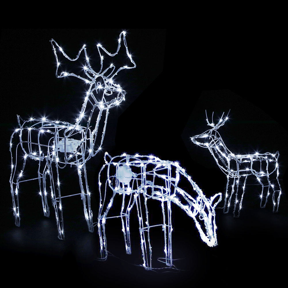 Set of three illuminated reindeer wireframe decorations with bright white LED lights