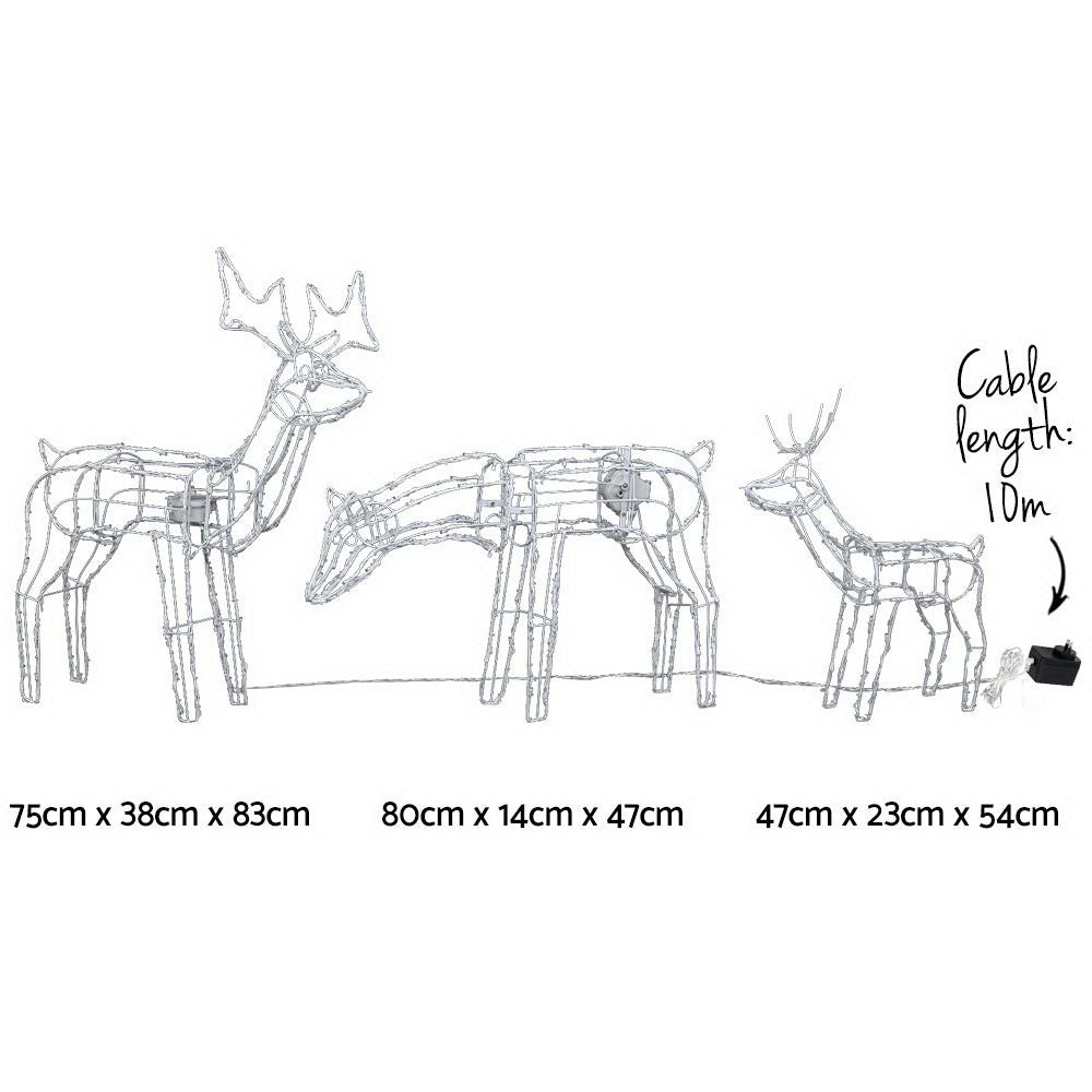 Three reindeer light figures with white LED wire frames and labeled dimensions