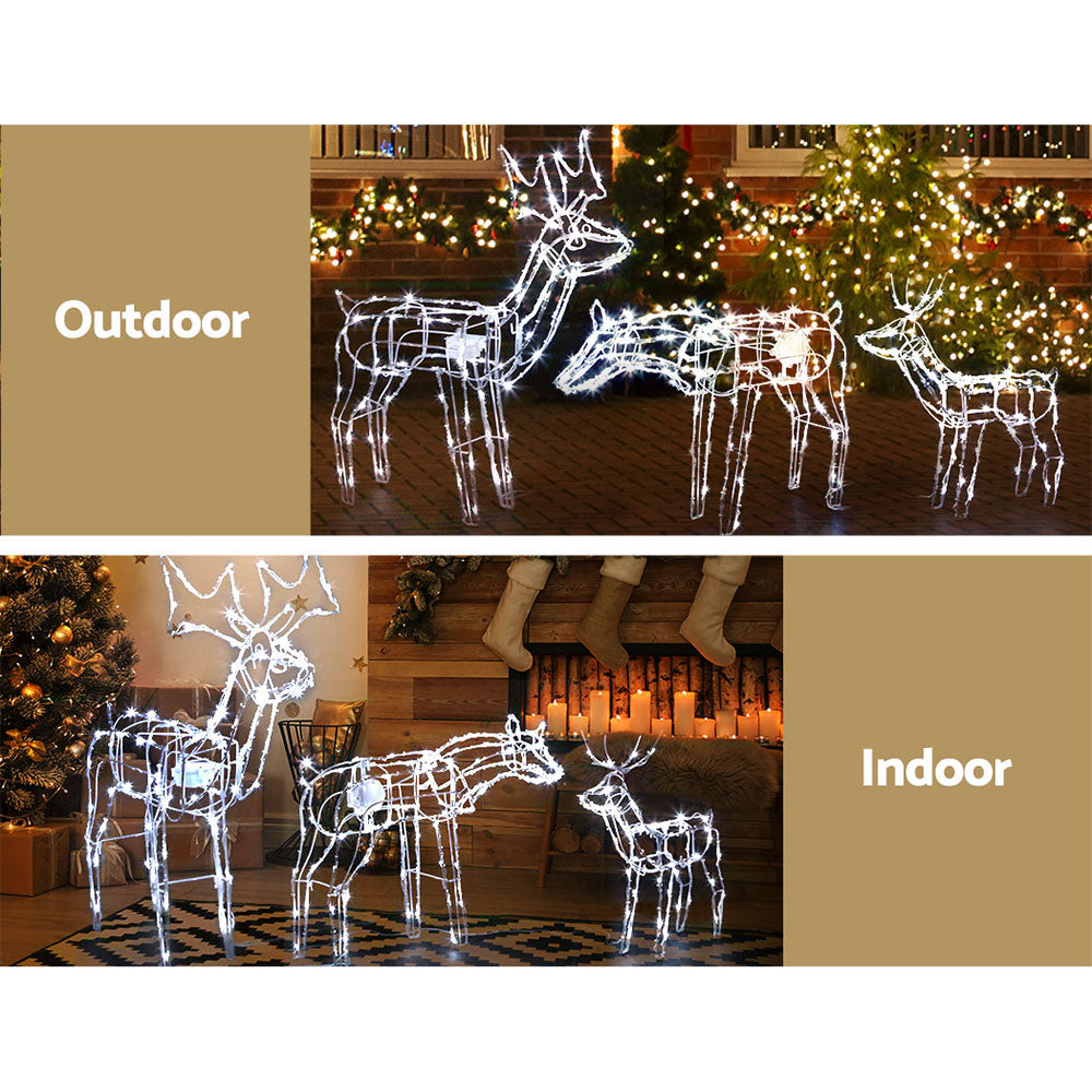Three illuminated reindeer light decorations shown indoors and outdoors