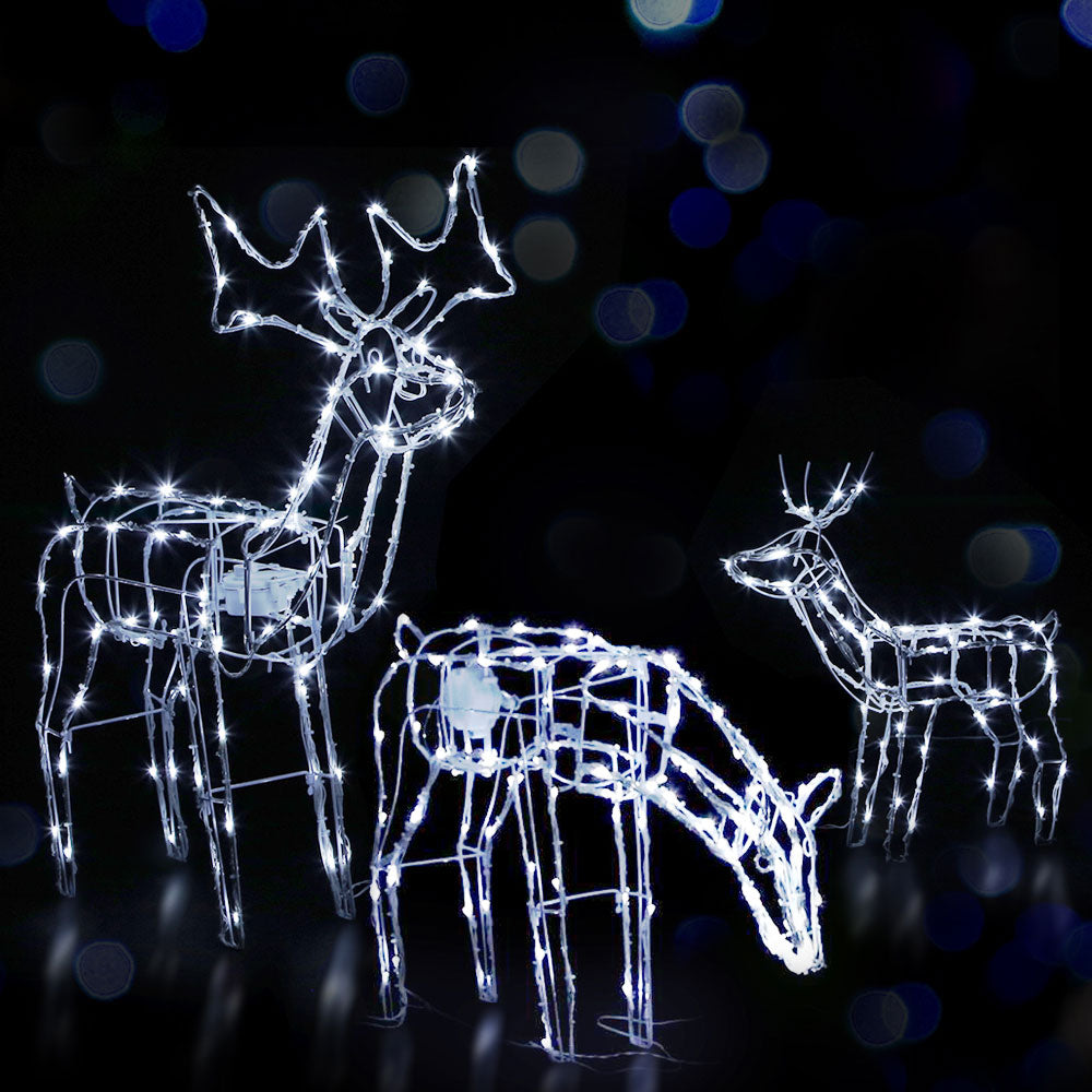 Three illuminated reindeer wireframe decorations with bright white LED lights
