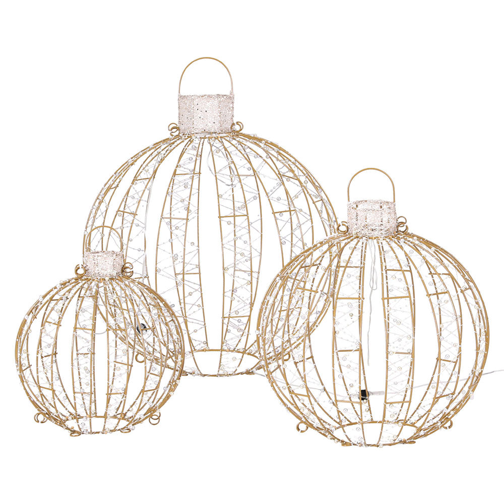 Set of three gold wire Christmas light ball ornaments with warm white LED strands