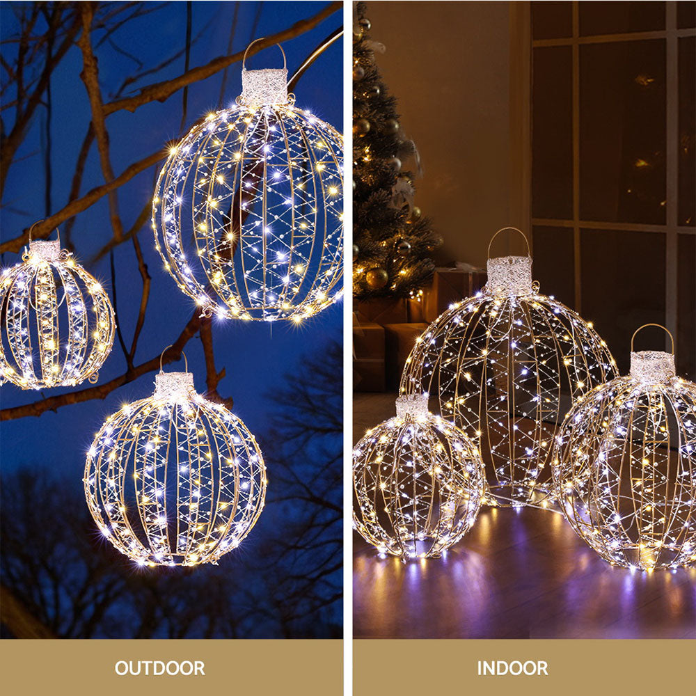 Gold wire LED light ball ornaments with bright warm white lights in a three-piece set
