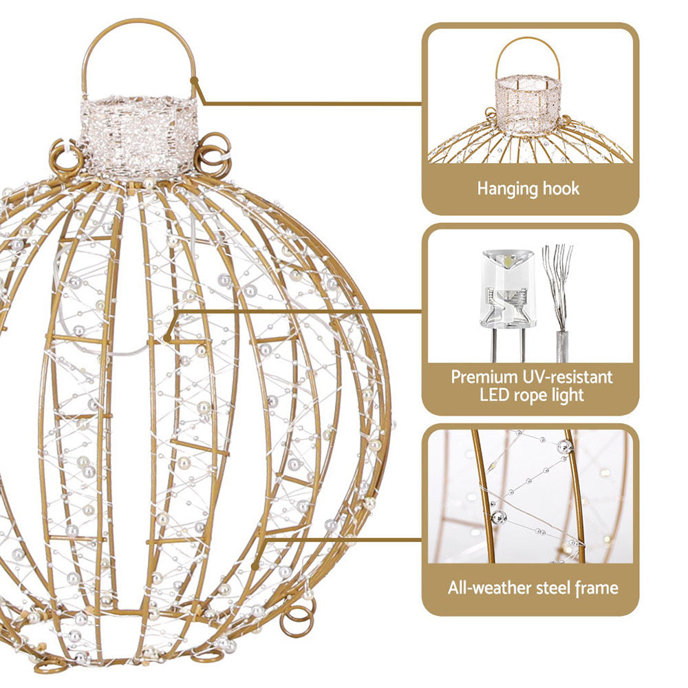 Gold wire LED light ball ornament with hanging hook; rope light and steel frame shown