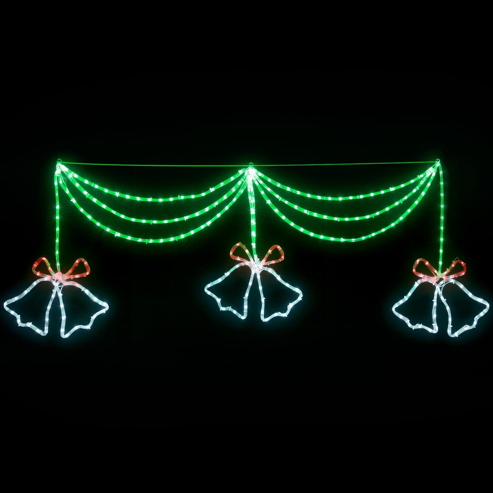 Christmas light curtain with 3 glowing bell bow motifs, green LEDs and orange accents